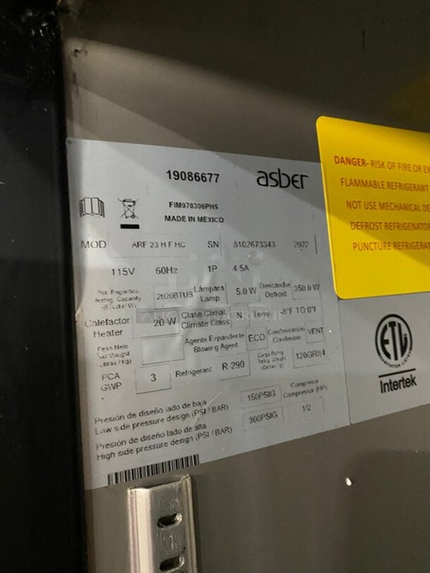 LATE MODEL! 2022 Asber Commercial Single Door Reach In Freezer! All Stainless Steel! On Casters! MODEL ARF23HFHC SN:8102673343 115V 1PH - Image 7 of 9