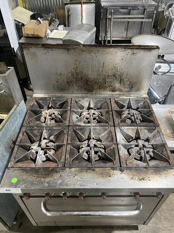 CPG All Stainless Steel Commercial Natural Gas Powered 6 Burner Range! w/ Full Size Oven! With Raised Back Splash! On Legs! Working When Removed!  - Image 2 of 6