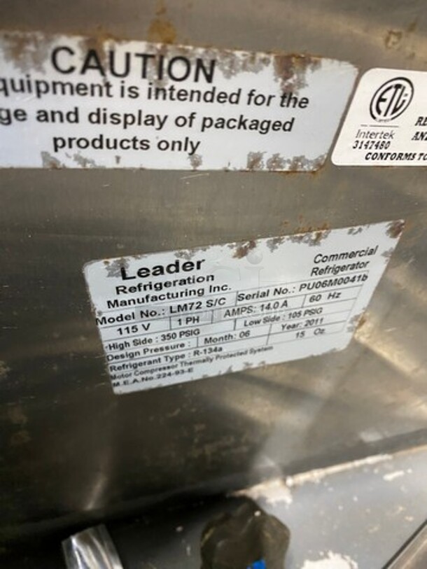 Leader Commercial Refrigerated Sandwich Prep Table! With Commercial Cutting Board! With 3 Door Storage Space Underneath! All Stainless Steel! On Casters! Model: LM72S/C SN: PU06M0041B 115V 60HZ 1 Phase - Image 7 of 8