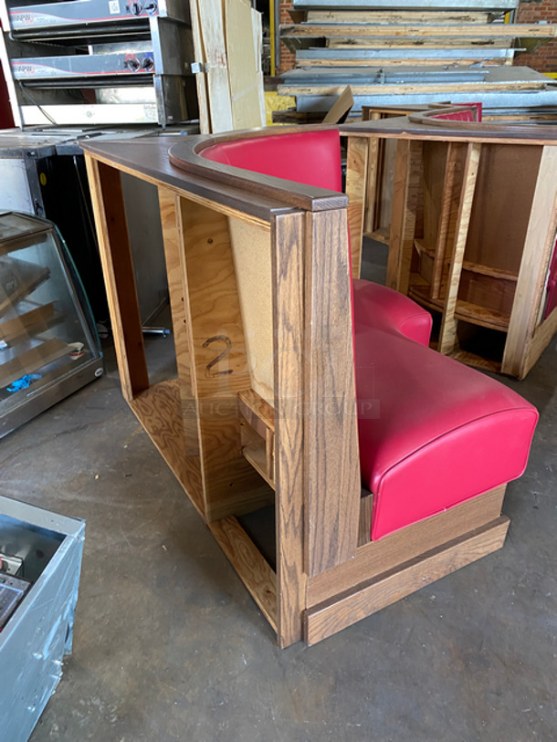 NEW! Single Sided Curved Red Cushioned Booth Seat! With Wooden Outline! Perfect For In The Corner Placement! Can Be Connected With Any Of The Booths Listed! - Image 2 of 4