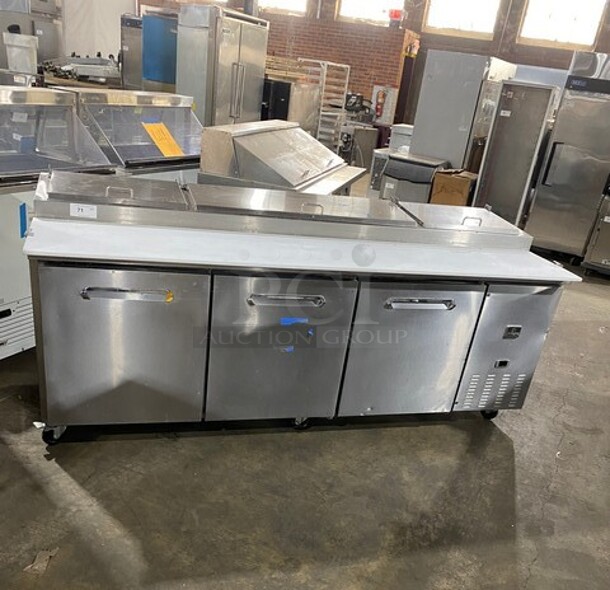 NICE! Kelvinator Commercial Refrigerated Pizza Prep Table! With Commercial Cutting Board! With 3 Door Storage Space Underneath! All Stainless Steel! On Casters! Model: KCHPT9212 SN:20720187 115V - Image 1 of 9