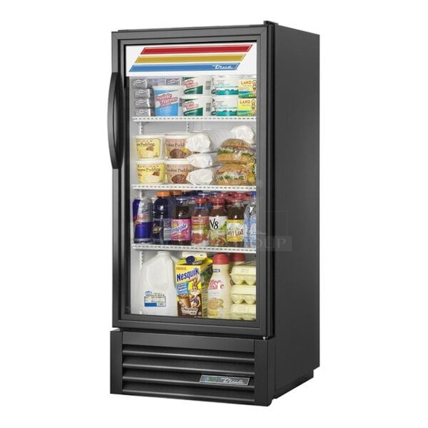 BRAND NEW SCRATCH & DENT! True GDM-10-HC~TSL01 24 7/8" Black Refrigerated Glass Door Merchandiser with LED Lighting. Missing power Cord. Frame is dented. S/N:10806298 - Image 1 of 7