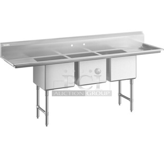BRAND NEW SCRATCH AND DENT! Regency 600S32424218 Stainless Steel Commercial 3 Bay Sink w/ Dual Drain Board. Bays 24x24x14. No Legs. 