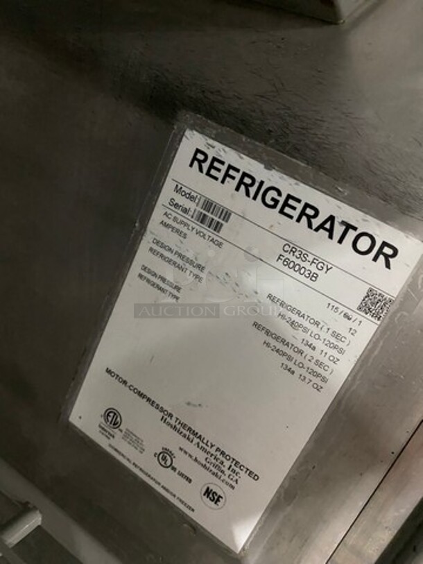 COOL! Hoshizaki Commercial 3 Door Reach In Cooler Merchandiser! With View Through Doors! Poly Coated Racks! All Stainless Steel Body! On Casters! Model: CR3SFGY SN: F60003B 115V 60HZ 1 Phase - Image 10 of 12