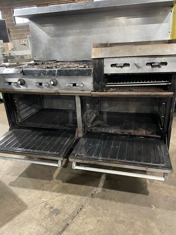 Garland Natural Gas Powered 6 Burner Stove With Raised 24" Flat Griddle & Cheese Melter Combo! With 2 Full Size Ovens Underneath!  With Backsplash & Overhead Salamander Shelf! On Legs! - Image 8 of 9