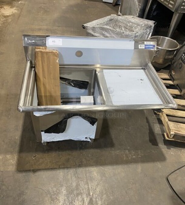 NEW! SCRATCH-N-DENT! Sapphire Single Compartment Prep Sink! With Single Side Drain Board! With Back Splash! All Stainless Steel! With Legs! Model: SMS2020R - Image 1 of 7