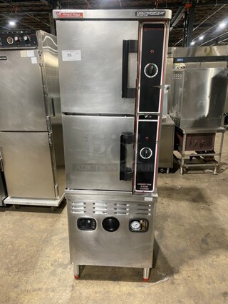 Market Forge Commercial Floor Model Natural Gas Powered Double Stacked Convection Steam Cooker! With Built In Pan Racks! All Stainless Steel! On Legs!