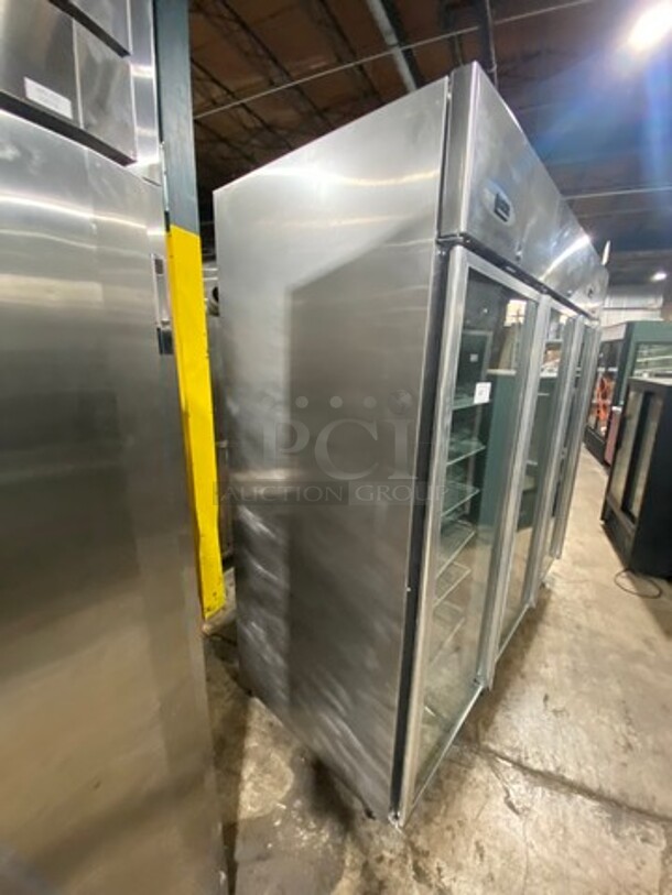COOL! Hoshizaki Commercial 3 Door Reach In Refrigerator Merchandiser! With View Through Doors! Poly Coated Racks! All Stainless Steel! On Casters! Model: CR3BFGY SN: D80079K 115V 60HZ 1 Phase - Image 4 of 9