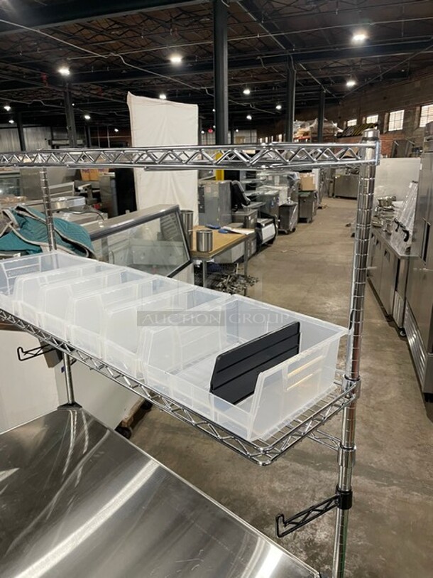 NEW & PERFECT! Metro Commercial Stainless Steel Out Going Station! With 2 Chrome Wire Over Shelves & 2 Full Sized Chrome Wire Under Shelves! With Plastic Storage Bins! On Legs!  - Image 7 of 8