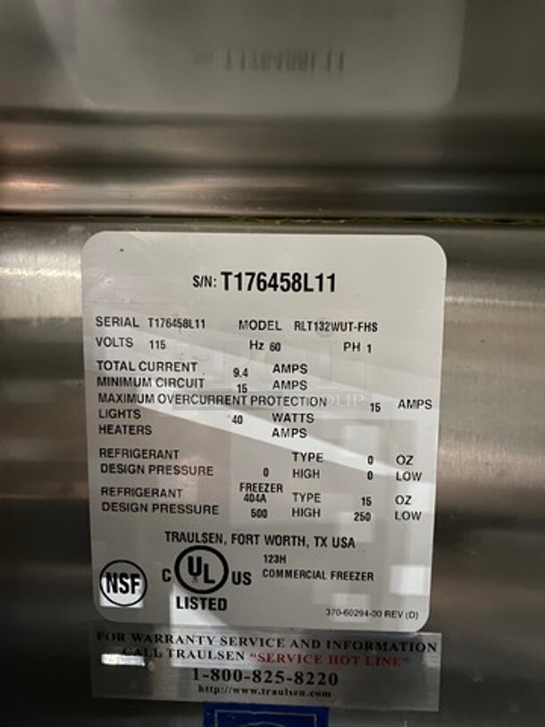 Traulsen Commercial Single Door Reach In Freezer! All Stainless Steel! On Legs! Model: RLT132WUTFHS SN: T176458L11! 115V 60HZ 1 Phase! Working When Removed! 
 - Image 7 of 9