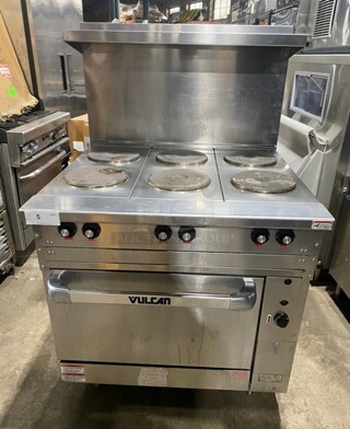 Vulcan Stainless Steel Commercial Electric Powered 6 Burner Hot Plate Range w/ Oven, Over Shelf and Back Splash! On Legs! MODEL EV36S-6FP480 SN: 650091879 480V 3/1PH 