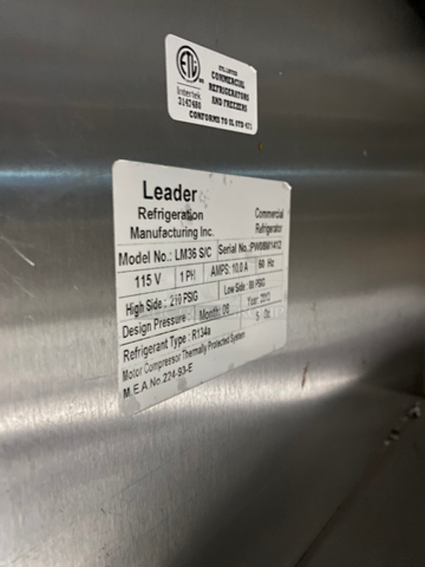 Leader Commercial Refrigerated Sandwich Prep Table! With 2 Door Underneath Storage Space! With Poly Coated Racks! With Commercial Cutting Board! All Stainless Steel! On Casters! Model: LM36 SN: PW08M1412 115V 60Hz 1 Phase - Image 7 of 10