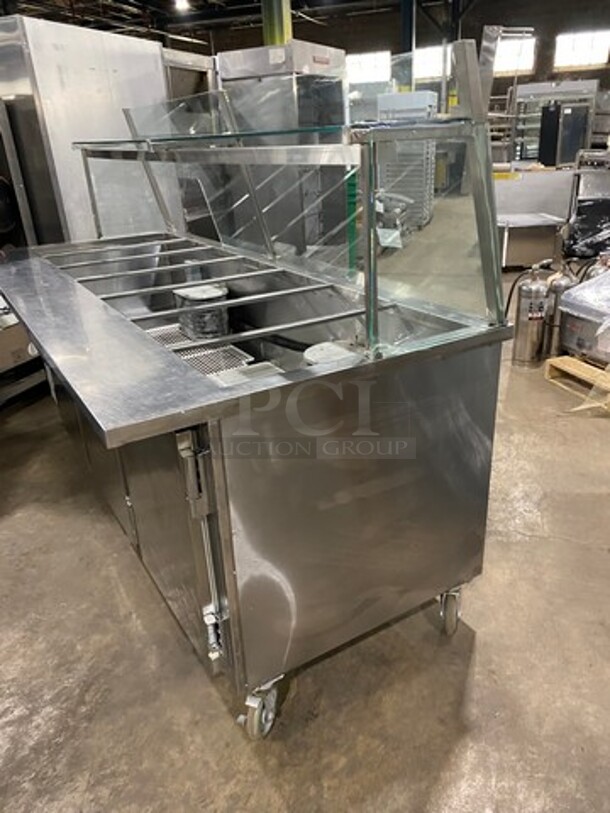 ALL STAINLESS-STEEL  96 Inch Refrigerated Sandwich Prep Table! With Sneeze Guard! With 3 Door Under Refrigeration! Sandwich Prep Area w/ 7 Compartments! 115V 1 Phase! On Casters!
 - Image 3 of 7