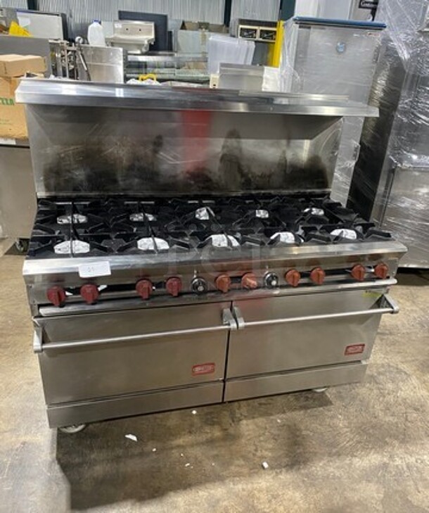 SWEET! DCS Commercial Natural Gas Powered 10 Burner Stove! With Raised Back Splash And Salamander Shelf! With 2 Oven Underneath! All Stainless Steel! On Casters! WORKING WHEN REMOVED!