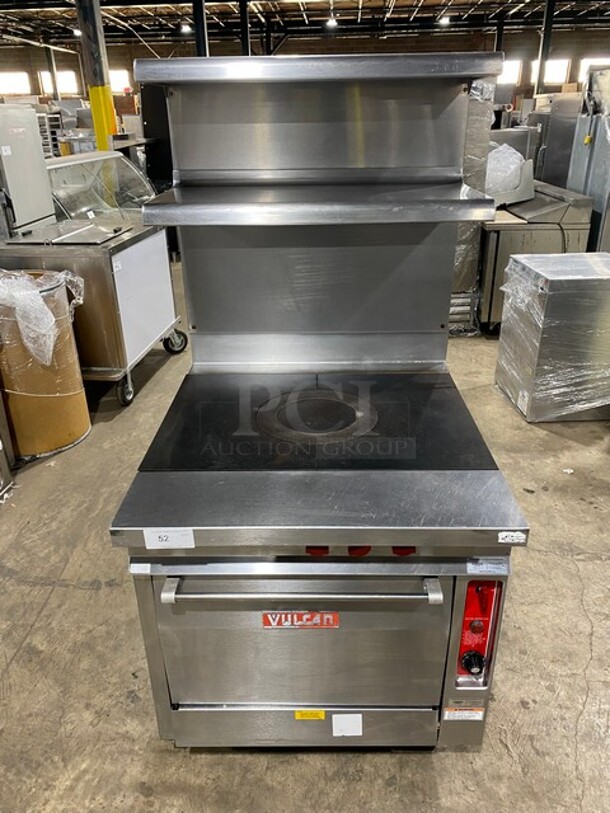 Vulcan Commercial French Top/ Hot Plate Stove! With Raised Back Splash With Double Overhead Shelf! With Oven Underneath! All Stainless Steel! On Legs! - Image 1 of 11