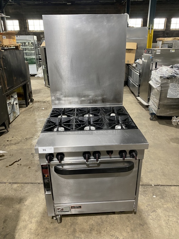 Southbend Heavy Duty Commercial Natural Gas Powered 6 Burner Stove! With Raised Back Splash! With Oven Underneath! All Stainless Steel! On Casters! Model: P32D-BBB SN: 05M09248! Working When Removed!  - Image 1 of 12