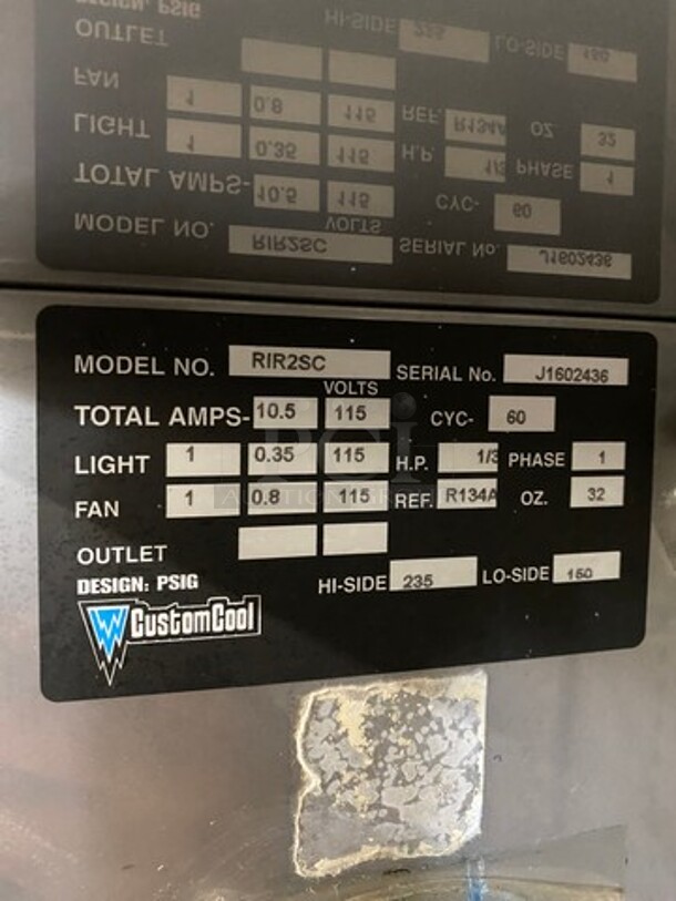 Custom Cool Commercial 2 Door Reach In Cooler! All Stainless Steel! On Legs! Model: RIR2SC SN: J1602436 115V 60HZ 1 Phase - Image 7 of 10