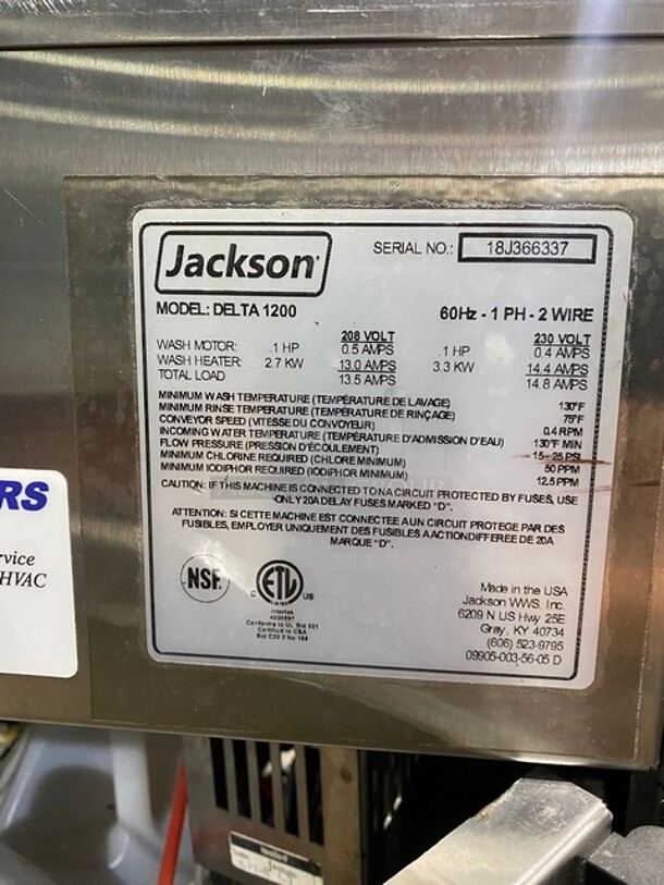 LATE MODEL! JACKSON Carousel Style Underbar Glass Washer! On Legs! Model DELTA 1200 Serial 18J366337 208V/60Hz/1 Phase - Image 7 of 10