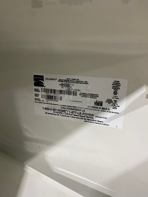 Kenmore 2 Door Refrigerator & Freezer Combo! Has Water & Ice Dispenser! Model 106.51133210 Serial HR53604463! 115V 1Phase! - Image 10 of 12
