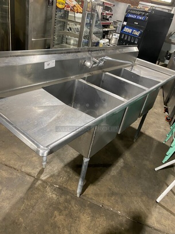 Aero Commercial 3 Compartment Dish Washing Sink! With Dual Side Drain Board! With Faucet And Handles! With Back Splash! All Stainless Steel! On Legs!