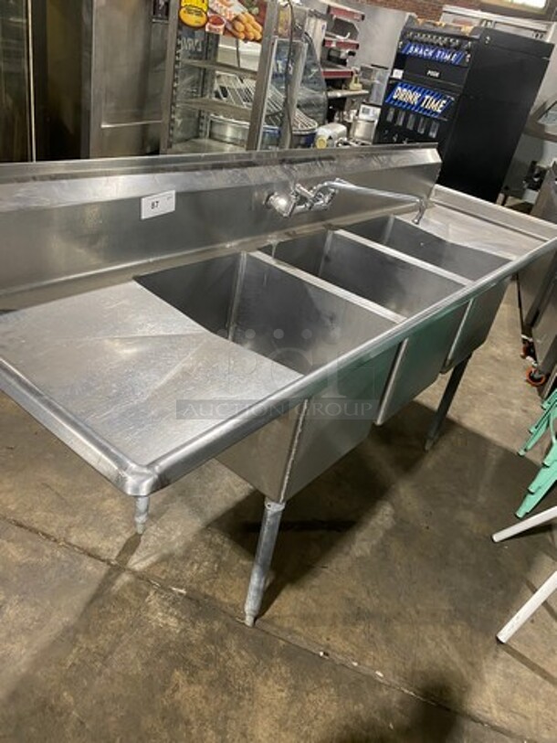 Aero Commercial 3 Compartment Dish Washing Sink! With Dual Side Drain Board! With Faucet And Handles! With Back Splash! All Stainless Steel! On Legs! - Image 1 of 9