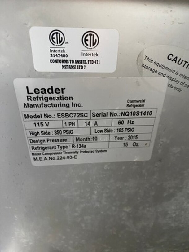 Leader Commercial 3 Door Beer Cooler! Solid Stainless Steel! Model: ESBC72SC SN: NQ10S1410 115V 60HZ 1 Phase - Image 7 of 9