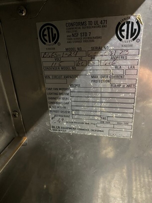 Beca Commercial Undercounter Glass Chiller! All Stainless Steel! On Legs! Model: BGFS124 SN: 00003123 115V - Image 7 of 9