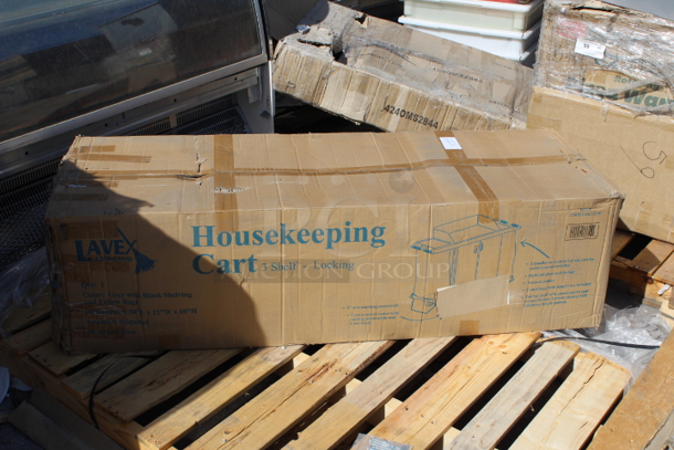 BRAND NEW SCRATCH & DENT! Lavex 274HKCARTLCK  Hotel / Housekeeping Cart - Large Locking Three Shelf. Box is damaged, handle on cart is damaged.   - Image 5 of 5
