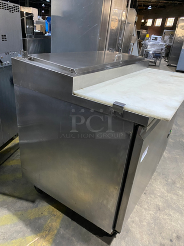 NICE! Entree Refrigerated Pizza Prep Table! With Cold Top! With Commercial Cutting Board! Single Door Storage Area Underneath! With Poly Coated Rack! All Stainless Steel! On Casters! Model: P47 SN: 1402ENTH04423 115V 60HZ 1 Phase - Image 2 of 11