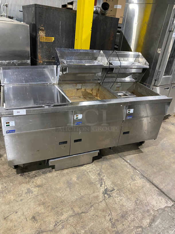 Pitco Frialator Commercial LP Powered 3 Bay Flat Bottom Floor Fryer! With Oil Filter! All Stainless Steel! On Casters! Model: FBG24 SN: G18BC001327