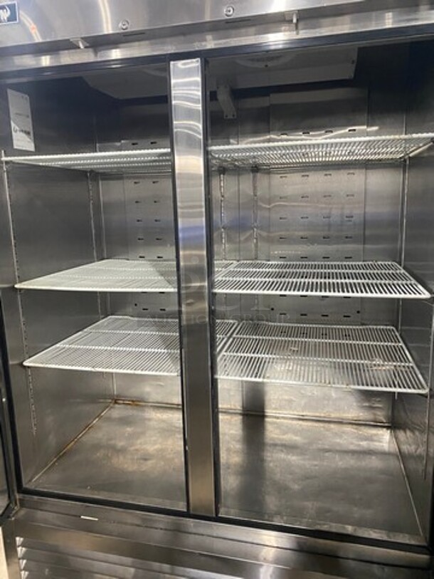 Bison Stainless Steel Commercial 2 Door Reach In Cooler! With Poly Coated Racks! On Commercial Casters!  - Image 5 of 8