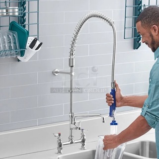 BRAND NEW SCRATCH & DENT! Waterloo 1.15 GPM Deck-Mounted Pre-Rinse Faucet with 8" Centers and 12" Add-On Faucet