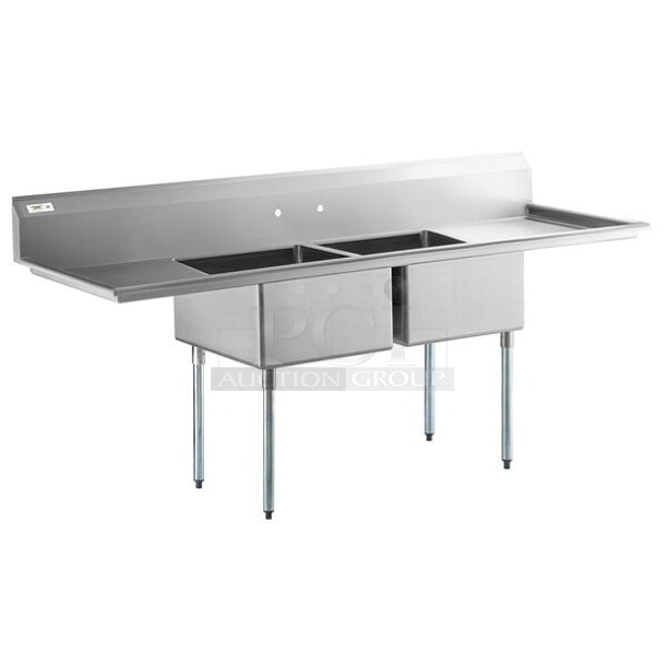 BRAND NEW SCRATCH & DENT! Regency 600S2232324G 96" 16 Gauge Stainless Steel Two Compartment Sink with 2 Drainboards - 23" x 23" x 12" Bowls 28x96x44-3/4     - Image 1 of 1