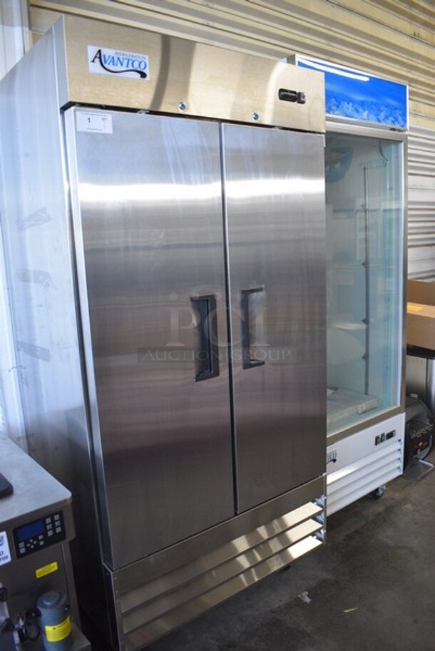 BRAND NEW SCRATCH AND DENT! Avantco Model 178A35RHC Stainless Steel Commercial 2 Door Reach In Cooler w/Poly Coated Racks on Commercial Casters. 115 Volts, 1 Phase. 39x30x82.5. Tested and Working! - Image 1 of 5