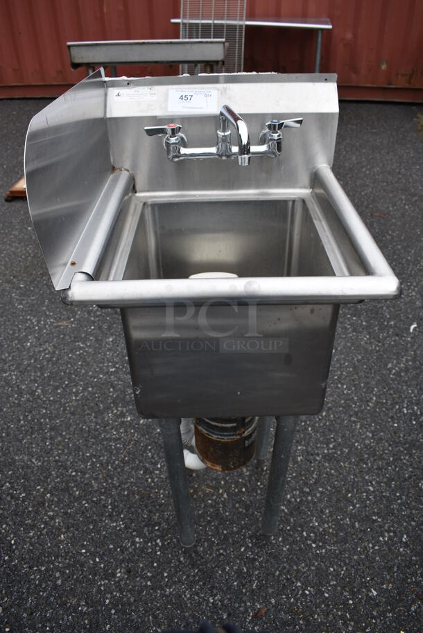 Stainless Steel Commercial Single Bay Sink w/ Insinkerator Badger Garbage Disposal, Faucet, Handles and Left Side Splash Guard. 19x22x44. Bay 14x16x10 - Image 1 of 8