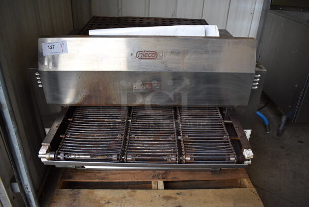 2020 Nieco JF64-3G Stainless Steel Commercial Countertop Natural Gas Powered BroilVection Conveyor Charbroiled Burger Grill. 75,000 BTU. 40.5x50x30