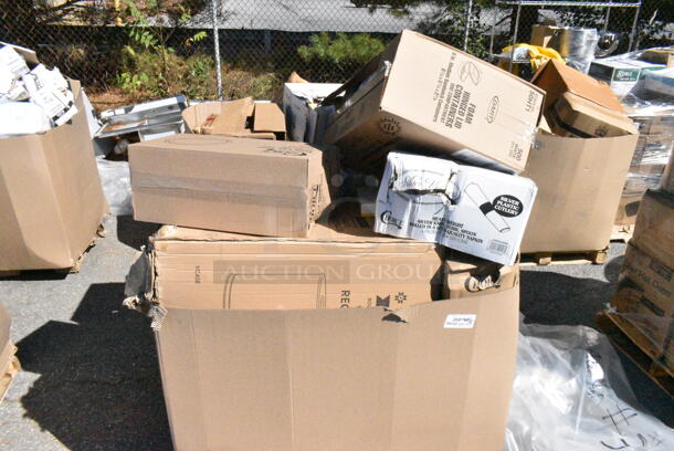 25 BRAND NEW Boxes Including 475DW30ROBK 30 Gallon Black Powder-Coated Metal Round Decorative Waste Receptacle, 130ROLLKFSSV Pre-Rolled Linen-Feel White Napkin and Silver Heavy Weight Plastic Cutlery Set, 50HT1 White Foam Hinged Lid Container, 127RDTFLBULK Choice Microwavable Translucent Customizable Recessed Fit Deli Lid - 500/Case, 795200CSTN1M Carnival King #200 2 lb. Cornerstone Paper Food Tray, 5002FC100 Choice 100 Sheet 2-Ply Facial Tissue Box - 30/Case, Dart C57PST1 ClearSeal Hinged Lid Plastic Container 6" x 5 13/16" x 3" - 500/Case, 612D3COMP Choice 8 1/2"x 6 3/8" 3-Compartment Oblong Foil Take-Out Container with Board Lid - 250/Case. 25 Times Your Bid! - Image 1 of 12