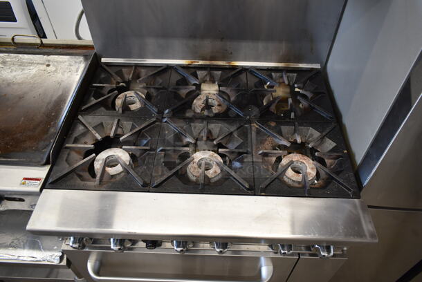 Cook Rite Stainless Steel Commercial Propane Gas Powered 6 Burner Range w/ Oven, Over Shelf and Back Splash on Commercial Casters.  - Image 2 of 7