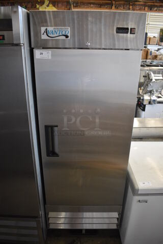 Avantco Model 178A19RHC Stainless Steel Commercial Single Door Reach In Cooler w/ Poly Coated Racks on Commercial Casters. 115 Volts, 1 Phase. 29x26x82.5. Tested and Working!