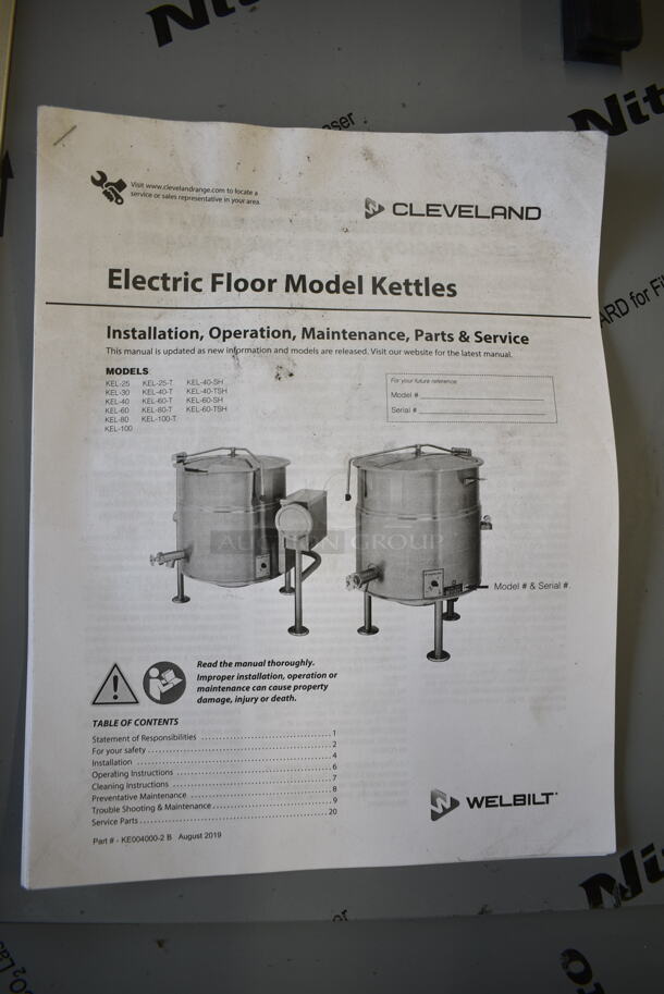 BRAND NEW SCRATCH AND DENT! 2024 Cleveland KEL-40-T Stainless Steel Commercial Floor Style Electric Powered 40 Gallon Tilting 2/3 Steam Jacketed Electric Kettle. 208/240 Volts, 3 Phase.  - Image 7 of 9