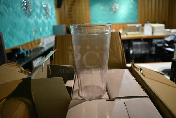 ALL ONE MONEY! Lot of Approximately 72 Clear Poly Beverage Tumblers. Includes 3.5x3.5x6.5. (bar)