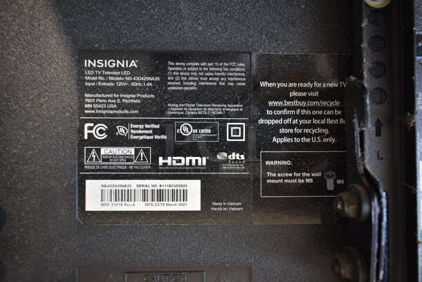 Insignia NS-43D420NA20 43" LED Television. 120 Volts, 1 Phase. Buyer Must Pick Up - We Will Not Ship This Item. Tested and Working! - Image 6 of 6