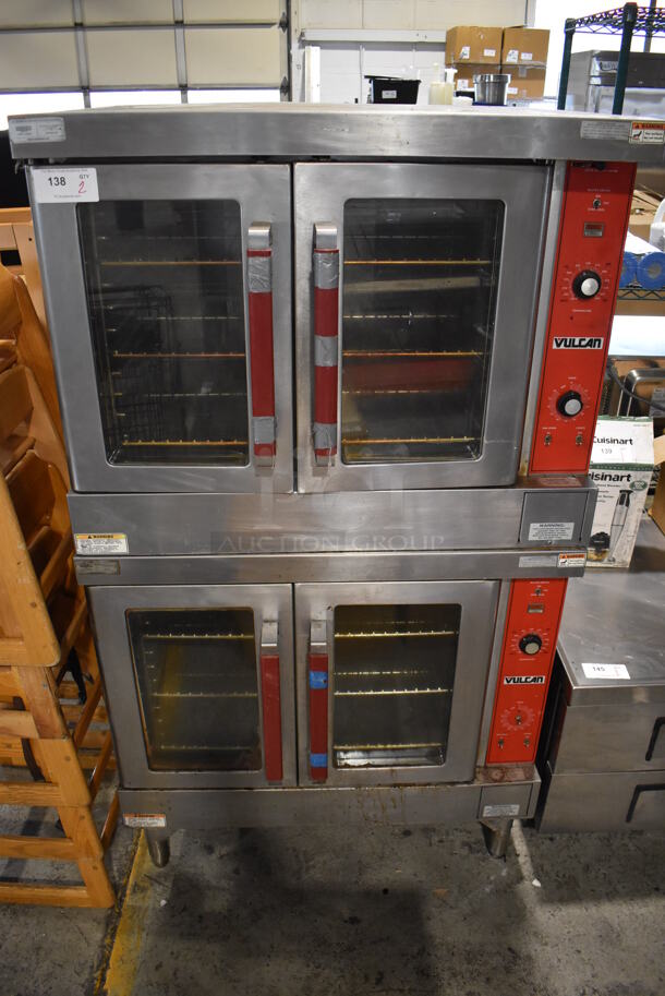 2 Vulcan Stainless Steel Commercial Electric Powered Full Size Convection Oven w/ View Through Doors, Metal Oven Racks and Thermostatic Controls. 230 Volts, 1 Phase. 40x32x70. 2 Times Your Bid!