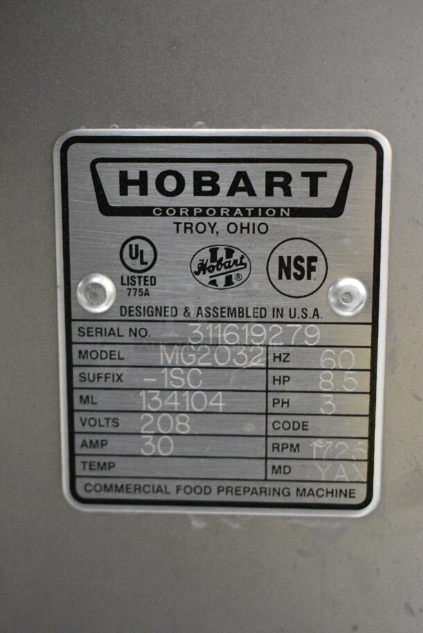 2021 Hobart MG2032 Metal Commercial Floor Style Electric Powered Meat Mixer Grinder w/ Foot Pedal on Commercial Casters. 208 Volts, 3 Phase.  - Image 6 of 8
