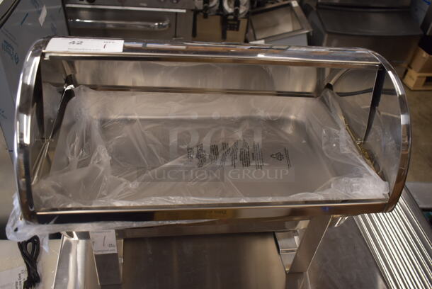 BRAND NEW SCRATCH AND DENT! Choice Deluxe 8 Qt. Full Size Chrome Accent Roll Top Chafer. Missing Handle.  - Image 7 of 9
