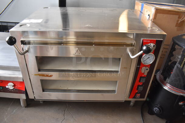 LIKE NEW! Avantco 177DPO18DS Stainless Steel Commercial Countertop Electric Powered Double Deck Countertop Pizza/Bakery Oven w/ Stones. Unit Was Used a Few Times at a Trade Show as a Demonstration. 240 Volts. Tested and Working!