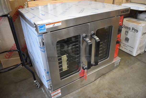 BRAND NEW SCRATCH AND DENT! Vulcan Model VC5GD-11D1Z Stainless Steel Commercial Gas Powered Full Size Convection Oven w/ View Through Doors, Metal Oven Racks and Thermostatic Controls. 40x32x31 - Image 2 of 8