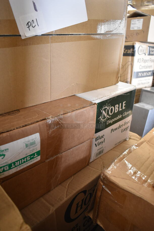 PALLET LOT of 40 BRAND NEW Boxes Including 2 Box 795PTOKFT1 Choice 4 5/8" x 3 1/2" x 2 1/2" Kraft Microwavable Folded Paper #1 Take-Out Container - 450/Case, 795PTOKFT3 Choice Kraft Microwavable Folded Paper #3 Take-Out Container 7 3/4" x 5 1/2" x 2 1/2" - 200/Case, 2 Box 500TW12 Choice 12 oz. Translucent Thin Wall Plastic Cold Cup - 1000/Case, 966UPWIDEB-500 OneUp Choice White Dispenser Napkin, 274MOPBCKTGY Lavex 35 Qt. Gray Mop Bucket & Side Press Wringer Combo, 129MCR32B Choice 32 oz. Black Round Microwavable Heavy Weight Container with Lid 7 1/4" - 150/Case, 1500100 Kari-Out Company 1/2 lb. Square Glassine Bag - 1000/Case, 3 Box 1/2 LB Glassine Bags, 433NHTBIO EcoChoice 1/6 Standard Size Biodegradable Standard-Duty Plastic T-Shirt Bag - 500/Case, 394403L Noble Large Gloves. 40 Times Your Bid! - Image 6 of 6
