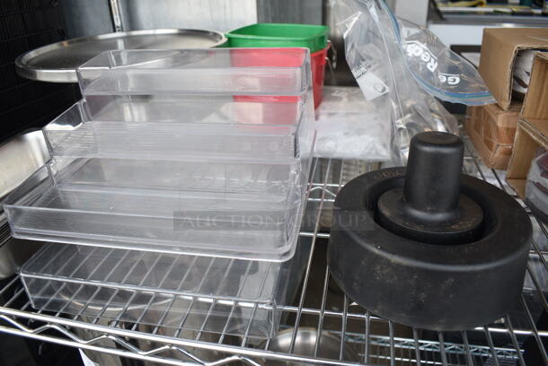 ALL ONE MONEY! Two Tier Lot of Various Items Including Blender, Metal Cake Stand, Poly Buckets,  Patty Paper, Saucers.  - Image 4 of 12