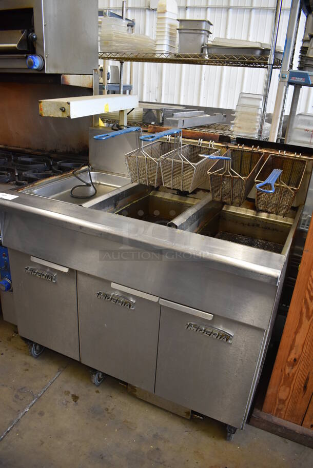 Imperial IFSCB250T Stainless Steel Commercial Natural Gas Powered 2 Bay Deep Fat Fryer w/ Left Side Dumping Station and 4 Metal Fry Baskets on Commercial Casters. 280,000 BTU. 46.5x33.5x51.5 - Image 2 of 12